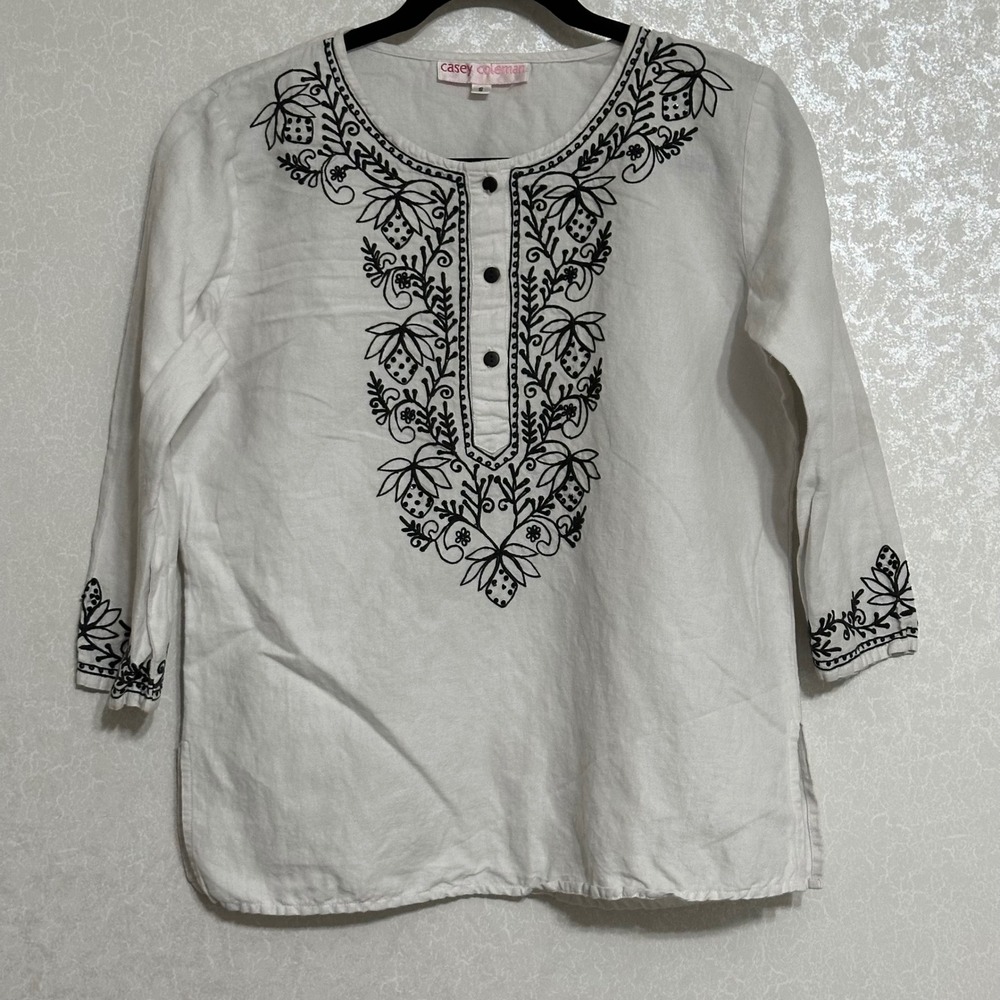 Casey Coleman White Embroidered Tunic Bohemian 3/4 Sleeve Blouse Linen Blend S